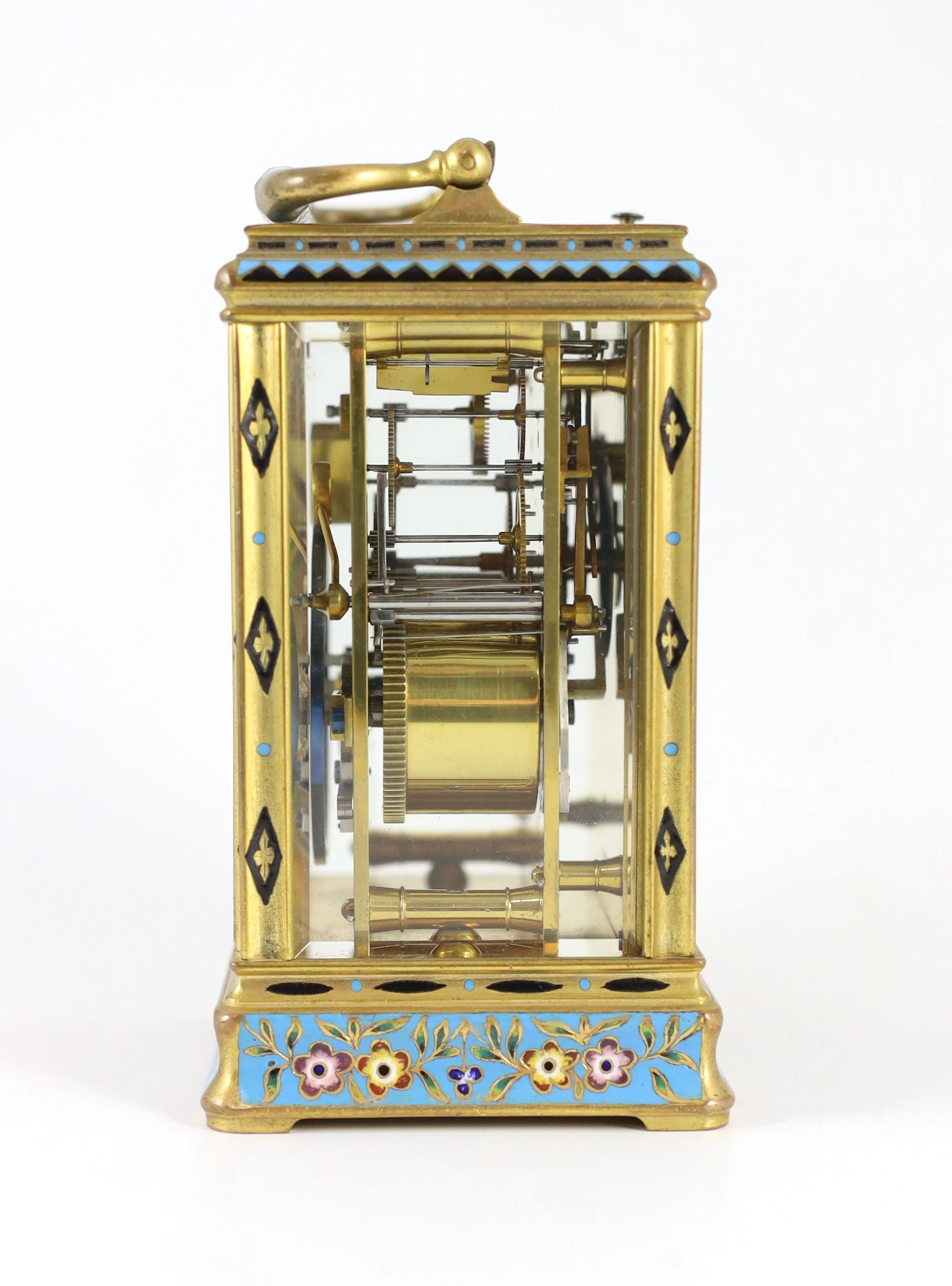 Alfred Drocourt of Paris. A mid 19th century French ormolu and champleve enamel hour repeating carriage clock, width 9.5cm, depth 8cm, height 15cm